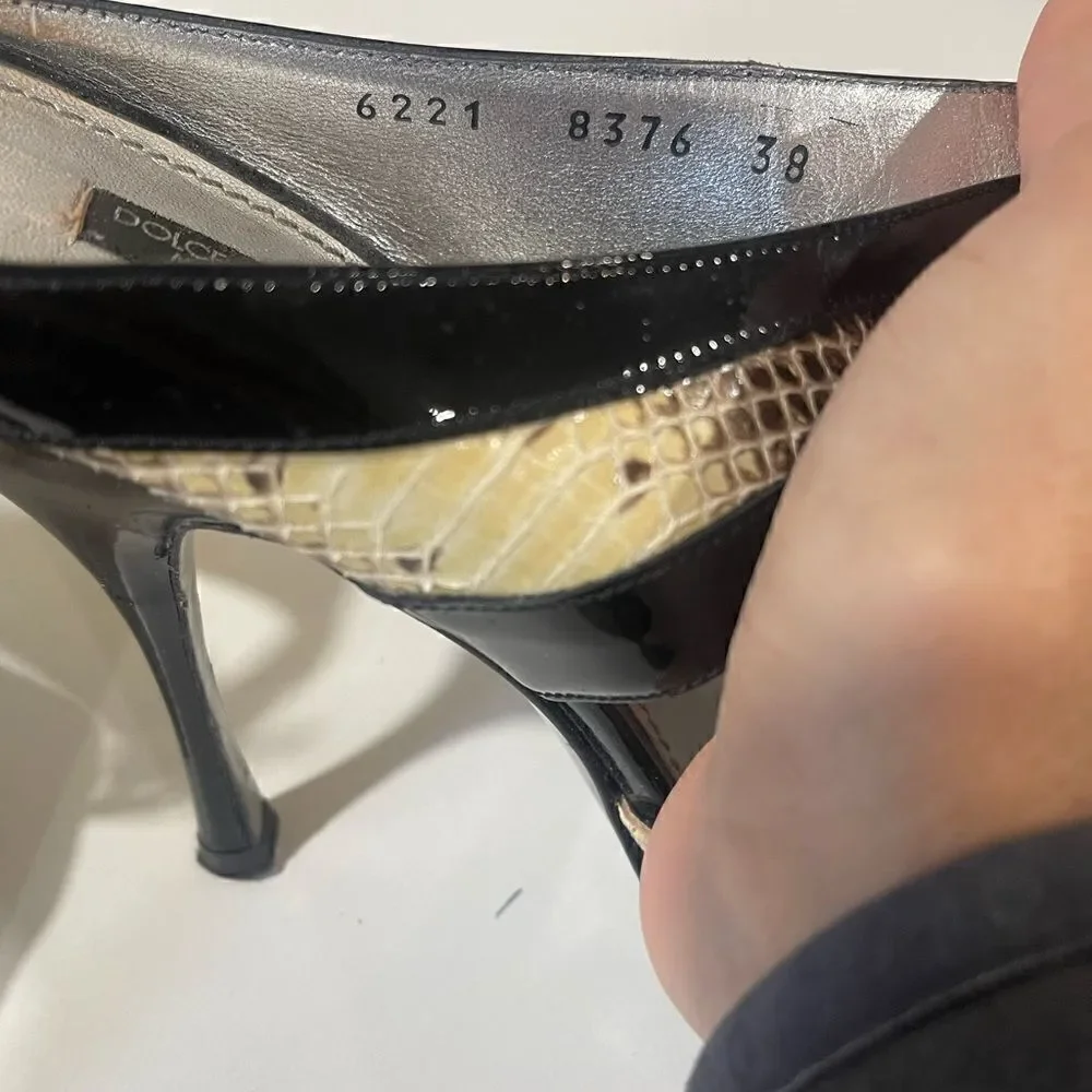 Dolce & Gabbana Snakeskin and Patent Leather Open Toe Heels